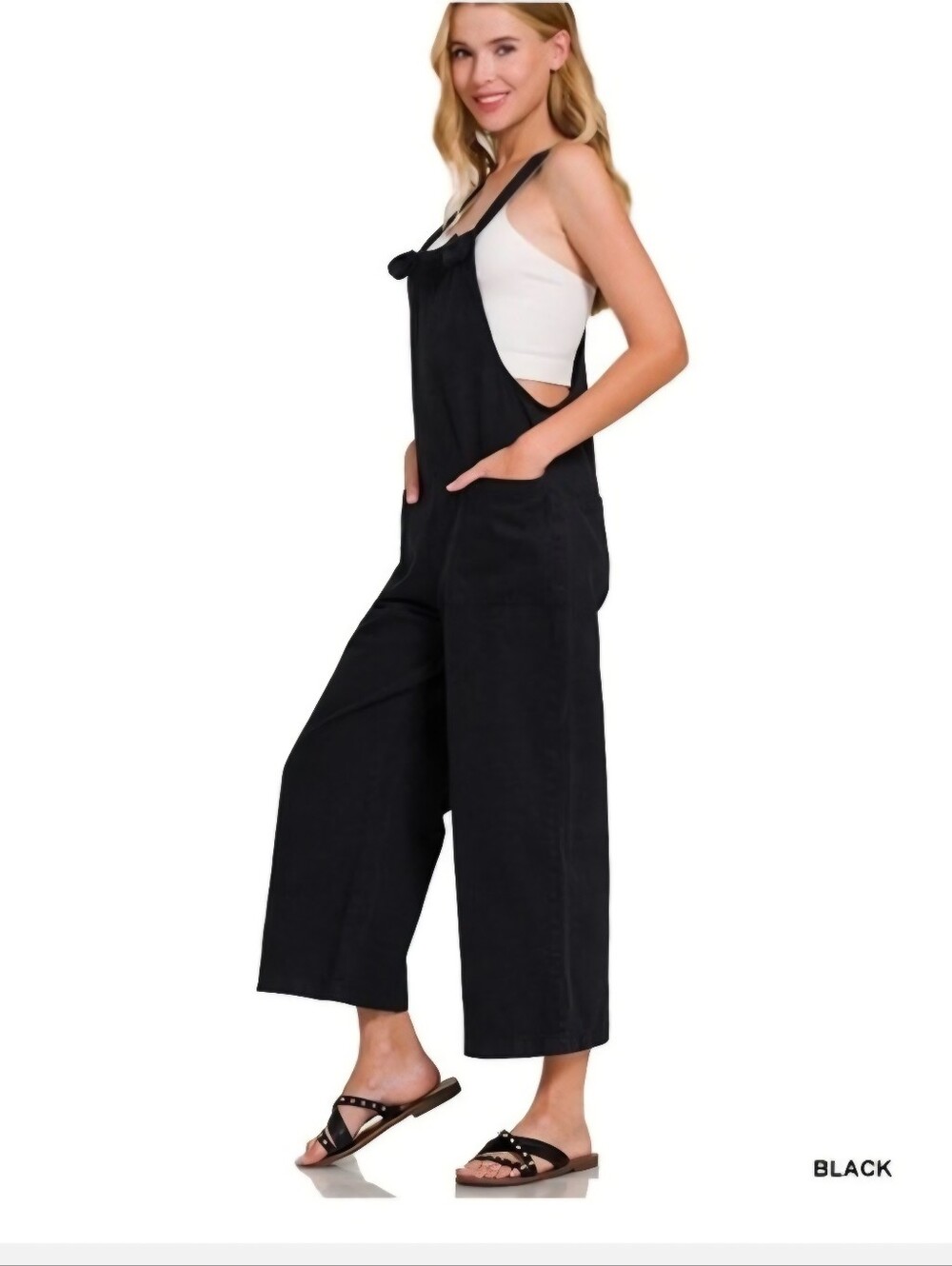 Zenana Womens Black Sz Med Wide Leg Bib Overalls Cotton Blend Slouchy Y2K